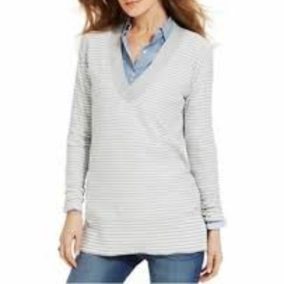 Tommy Hilfiger Grey & White Striped V-Neck Sweater - Picture 1 of 1